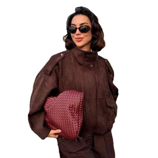 Damen Oversize Veloursleder-Bomber mit Schulterpatten, Pattentaschen und hohem Stehkragen Shop Nory