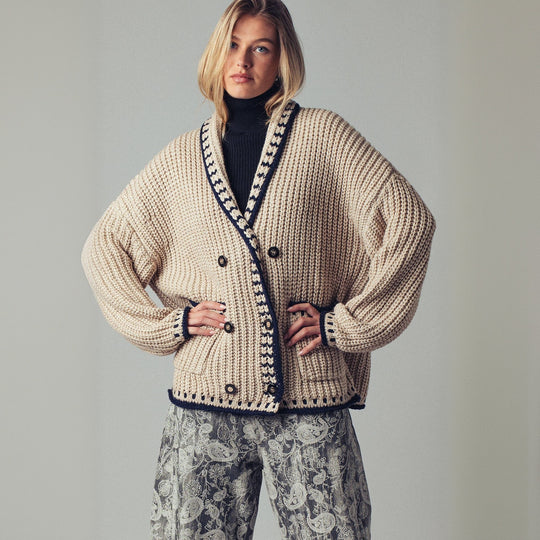 Damen Grobstrick-Cardigan mit Schalkragen, Zierstreifen & aufgesetzten Taschen Shop Nory