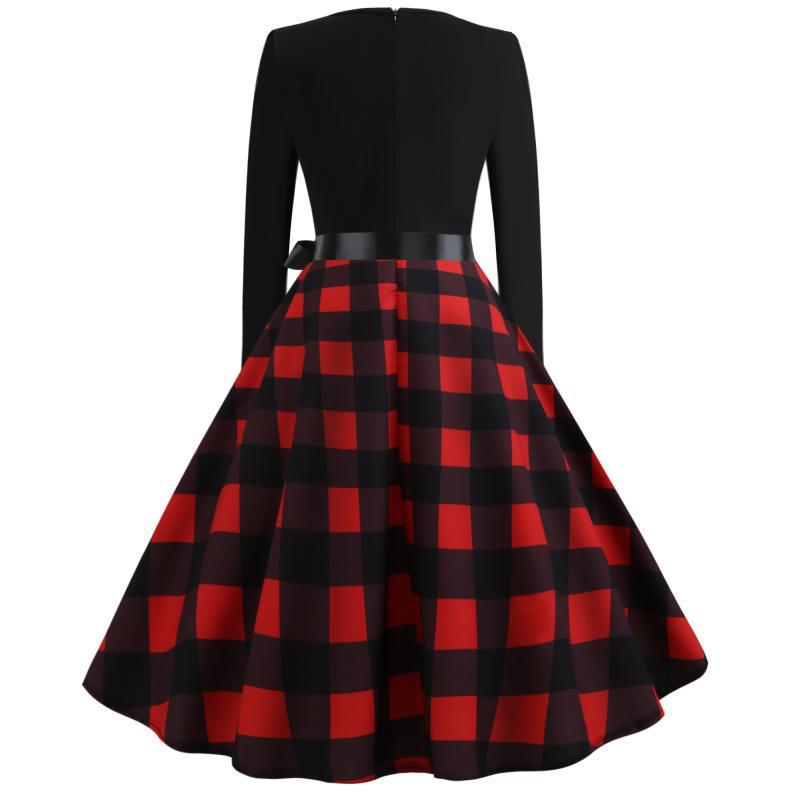 Damen Retro Swingkleid mit welligem V-Ausschnitt, tailliertem Satinbindegürtel und karierter Tellerrock Shop Nory