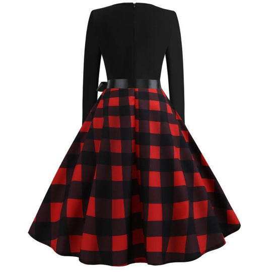 Damen Retro Swingkleid mit welligem V-Ausschnitt, tailliertem Satinbindegürtel und karierter Tellerrock Shop Nory