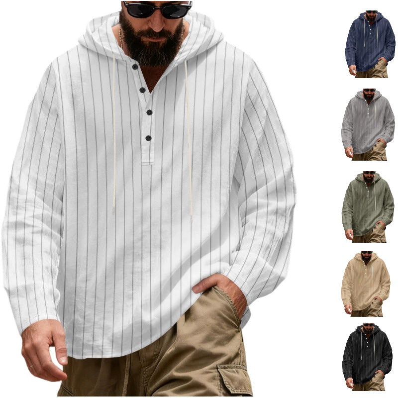 Herren Lässiges Kapuzen-Henleyshirt mit feinen Nadelstreifen und Knopfleiste Shop Nory