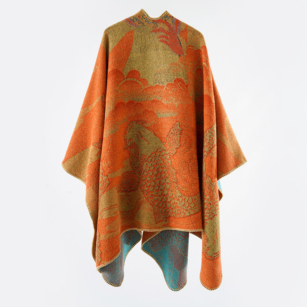 Damen Jacquard-Poncho mit Fischmotiv und offenem Oversize-Schnitt Shop Nory