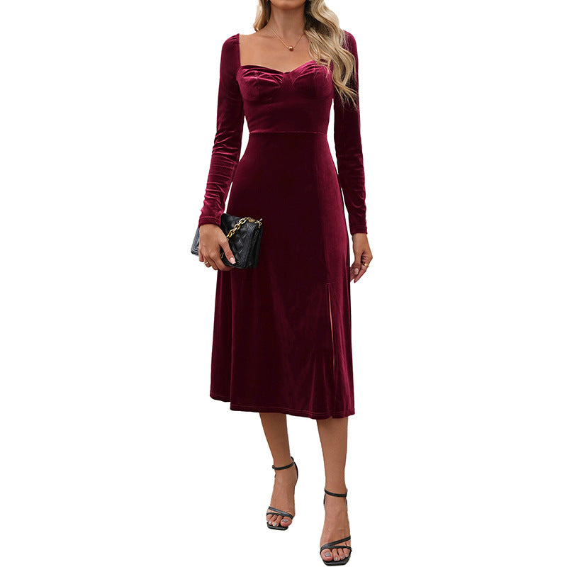 Damen Samt-Midikleid mit herzförmigem Ausschnitt, taillierter Silhouette und Langarm Shop Nory
