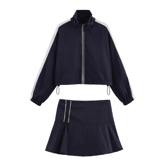Damen Cropped Windbreaker-Jacke mit hohem Kragen, Tunnelzug und Kontraststreifen Shop Nory