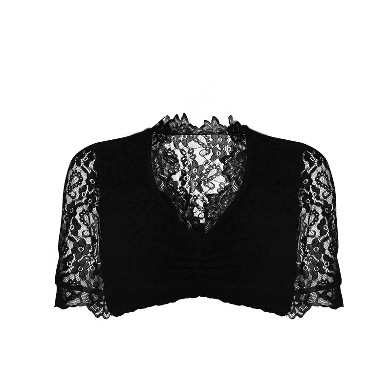 Damen nan bauchfreies Carmen Top mit geraffter Front und transparenten Puffärmeln Shop Nory