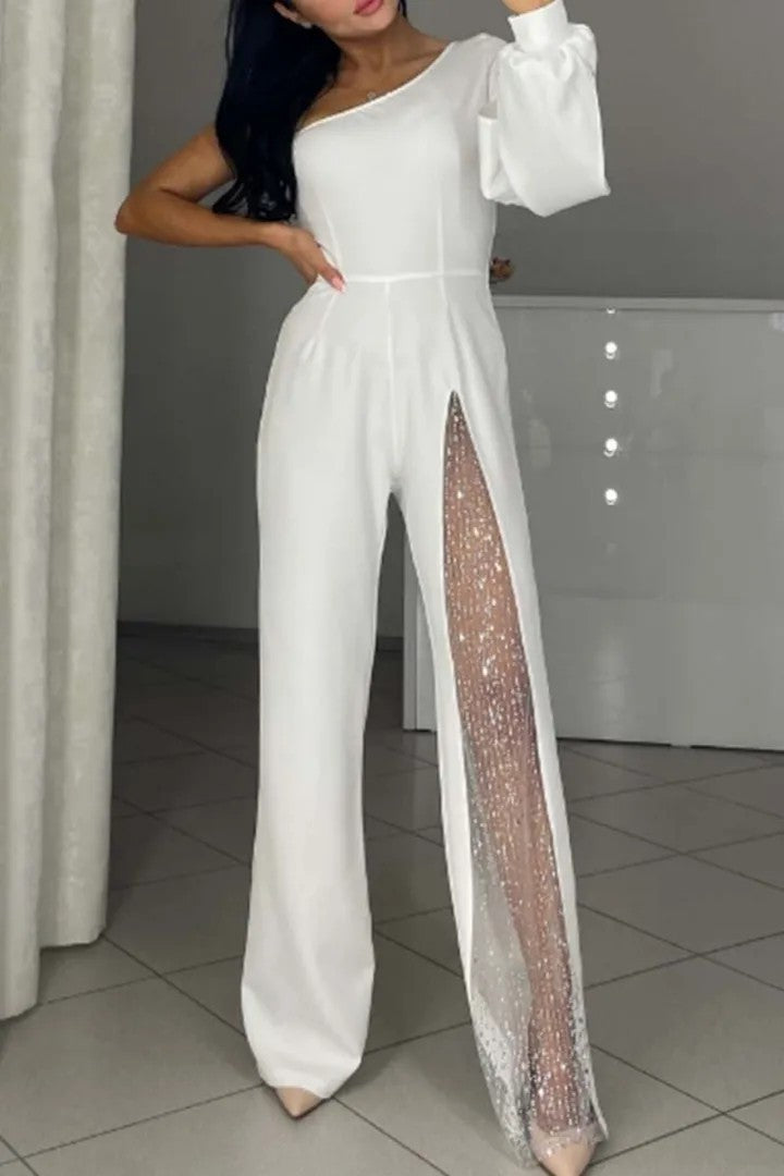 Damen Eleganter Jumpsuit mit transparenten Einsätzen und Pailletten