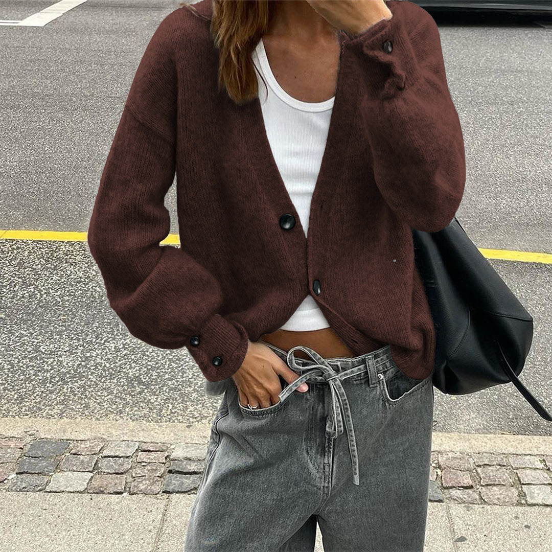Damen nan lässige Strickjacke mit tiefem V-Ausschnitt, aufgesetzten Knopfleisten und Ballonärmeln Shop Nory