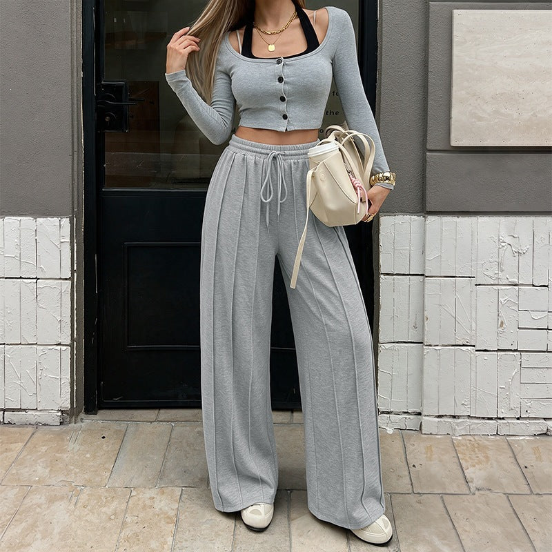 Damen Weite High‑Waist Loungewear-Hose mit Bügelfalten und Tunnelzug Shop Nory