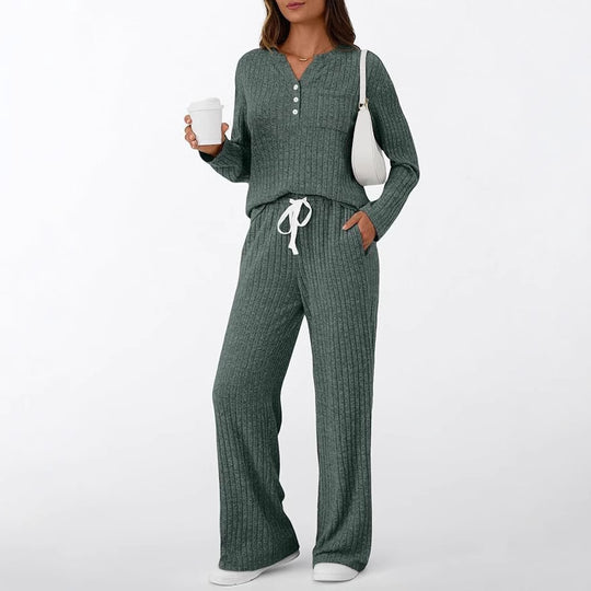 Damen Rippstrick-Lounge-Set mit Knopfleiste und weitem Kordelbund-Hose Shop Nory