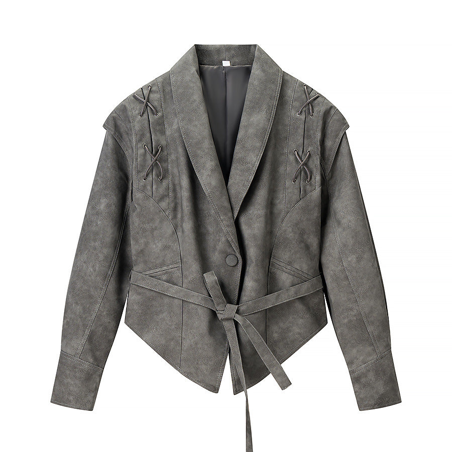 Damen Kurzjacke aus Veloursoptik mit Wickelgürtel und Schnürdetail Shop Nory