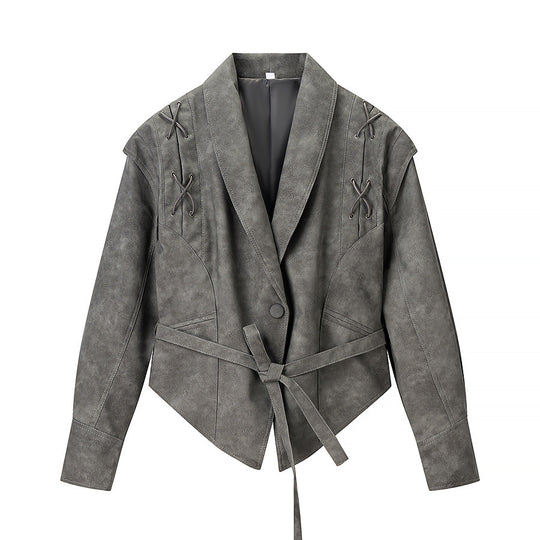 Damen Kurzjacke aus Veloursoptik mit Wickelgürtel und Schnürdetail Shop Nory