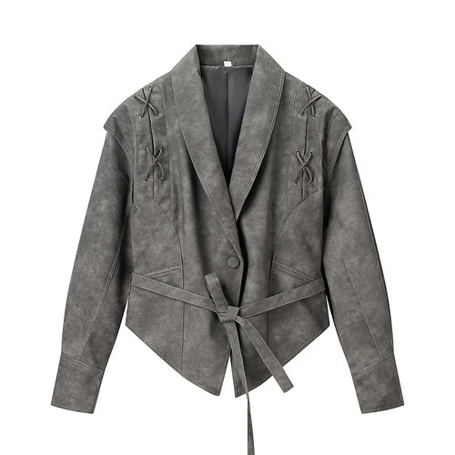Damen Kurzjacke aus Veloursoptik mit Wickelgürtel und Schnürdetail Shop Nory