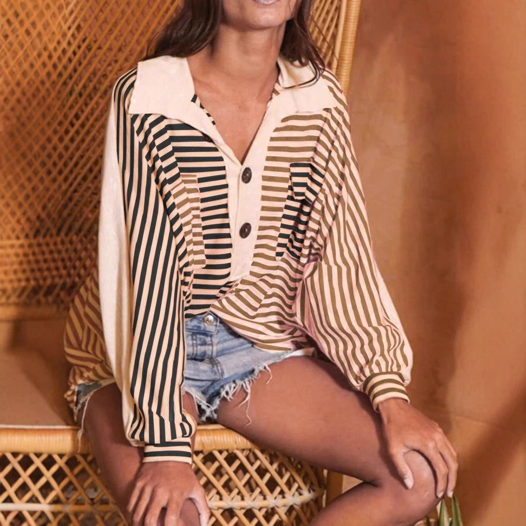 Damen Oversize-Hemdbluse mit kontrastrevers, Streifenmuster und Volumenärmeln Shop Nory