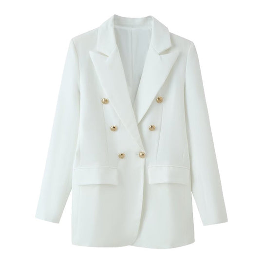 Damen doppelreihiger Longline-Blazer mit Reverskragen und Zierknöpfen Shop Nory