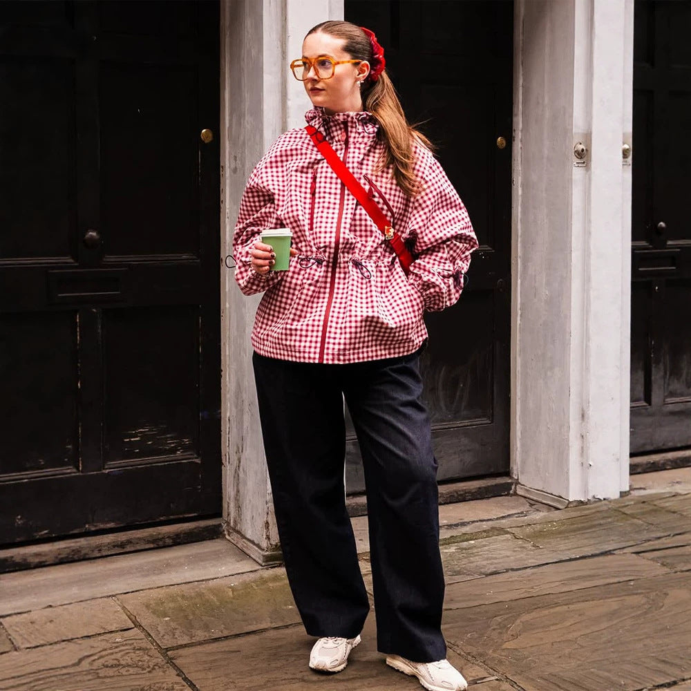 Damen Karo-Windbreaker mit Taillenzug, Kapuze und Reißverschluss Shop Nory
