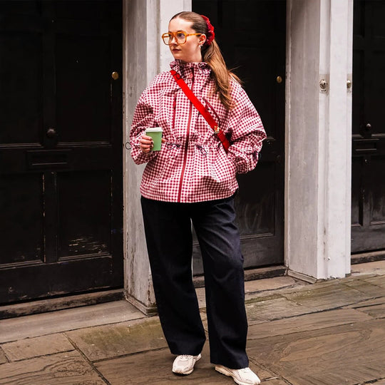 Damen Karo-Windbreaker mit Taillenzug, Kapuze und Reißverschluss Shop Nory