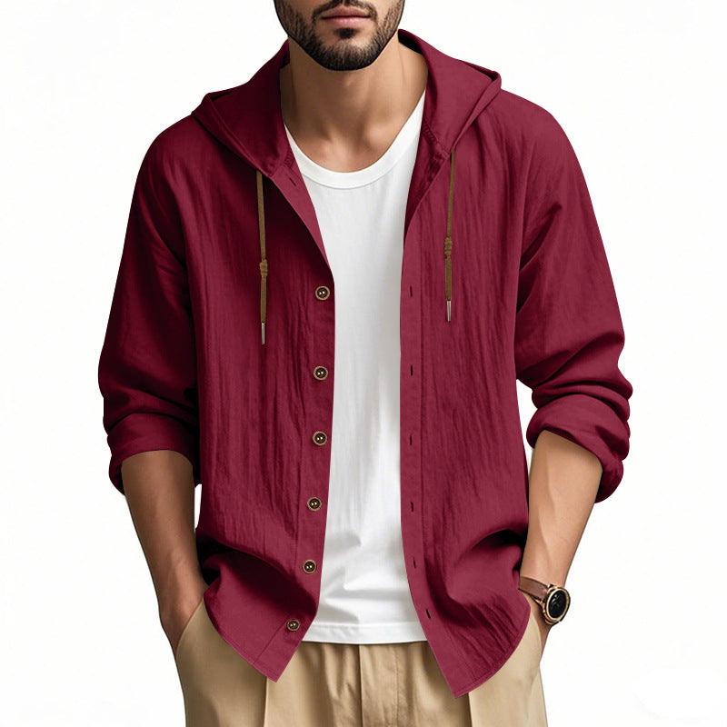Herren nan leichtes Kapuzenhemdjacke aus Leinenoptik mit durchgehender Knopfleiste