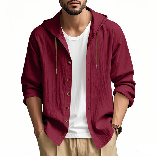 Herren nan leichtes Kapuzenhemdjacke aus Leinenoptik mit durchgehender Knopfleiste