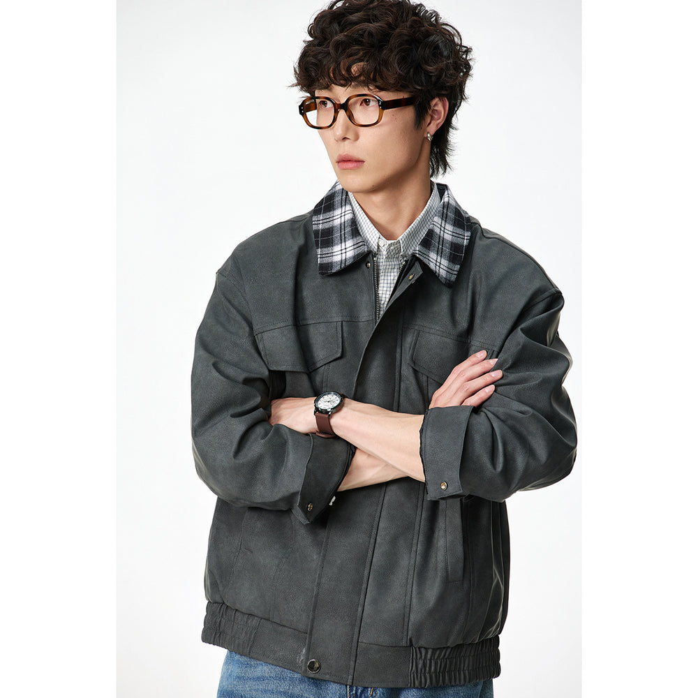 Herren Boxy Kunstleder‑Blouson mit kariertem Umlegekragen und Pattentaschen Shop Nory