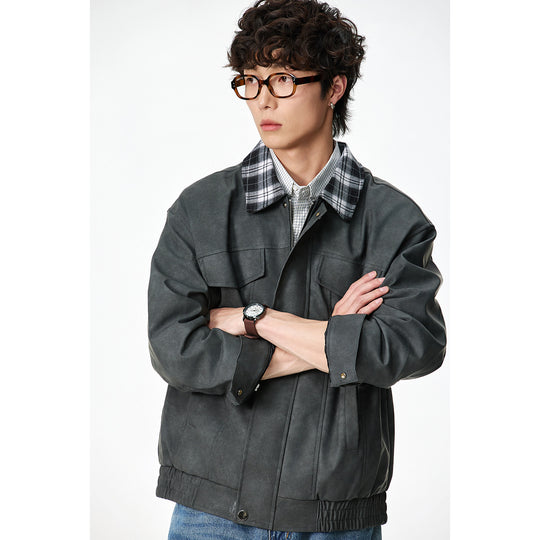 Herren Boxy Kunstleder‑Blouson mit kariertem Umlegekragen und Pattentaschen Shop Nory