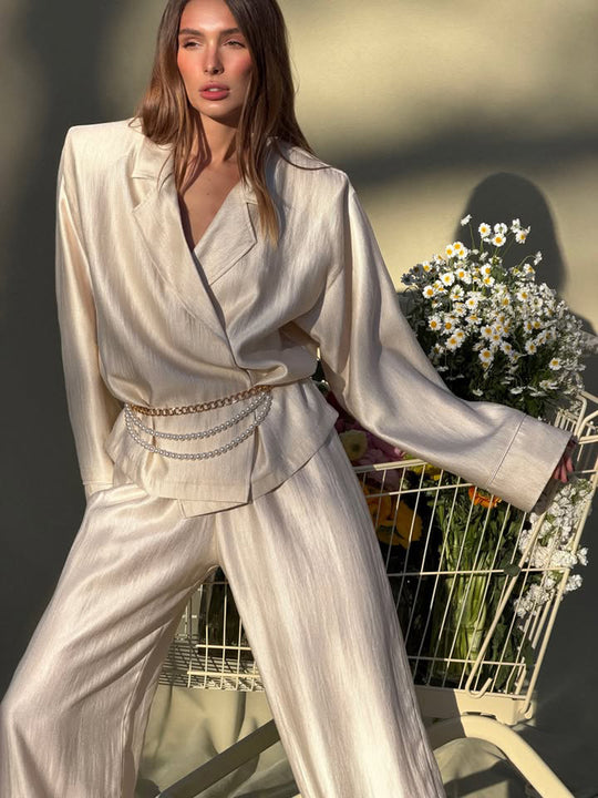 Damen Satin-Zweiteiler mit Wickelbluse, weiten Hosen und elastischem Bund Shop Nory