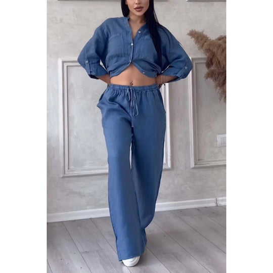 Damen Weite Leinenmix-Hose mit hohem Elastikbund, Kordelzug und Palazzo-Silhouette Shop Nory