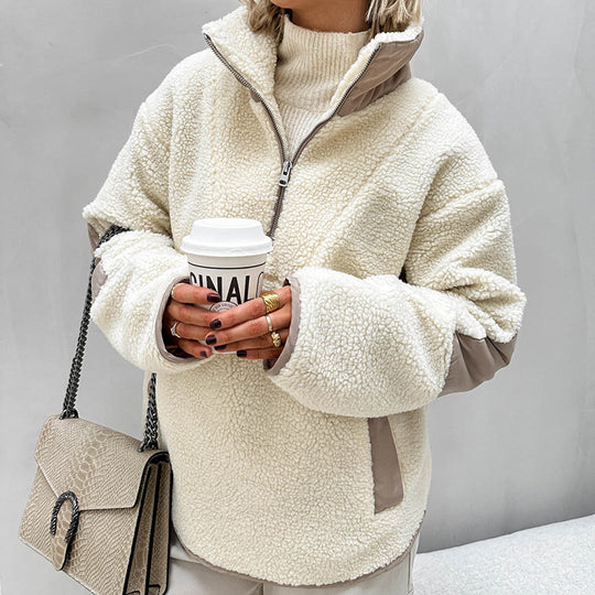 Damen Oversized Sherpa-Fleece Pullover mit halbem Reißverschluss und Kängurutasche Shop Nory