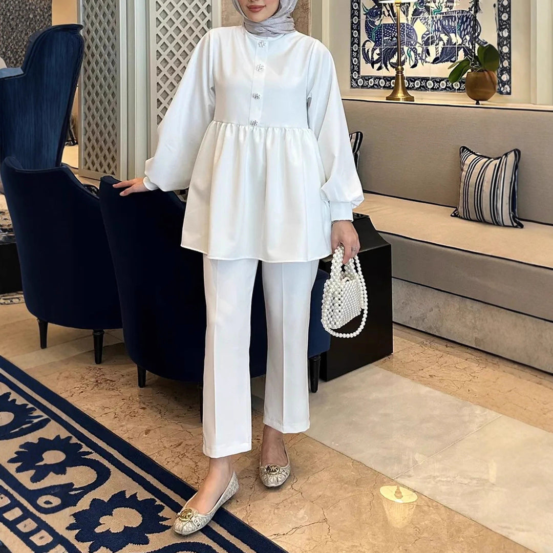 Damen Elegantes Tunika‑Hosen‑Set mit geraffter Empire‑Tunika und schlanker Anzughose Shop Nory