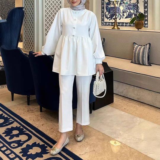 Damen Elegantes Tunika‑Hosen‑Set mit geraffter Empire‑Tunika und schlanker Anzughose Shop Nory