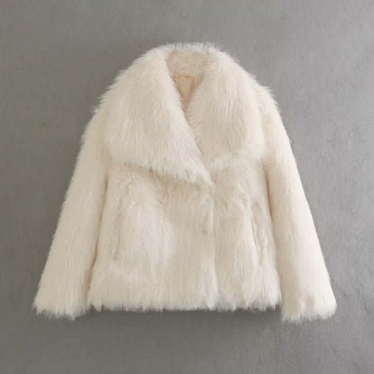 Damen Kurzboxy Kunstfelljacke mit breitem Schalkragen und langfaserigem Faux-Fur Shop Nory