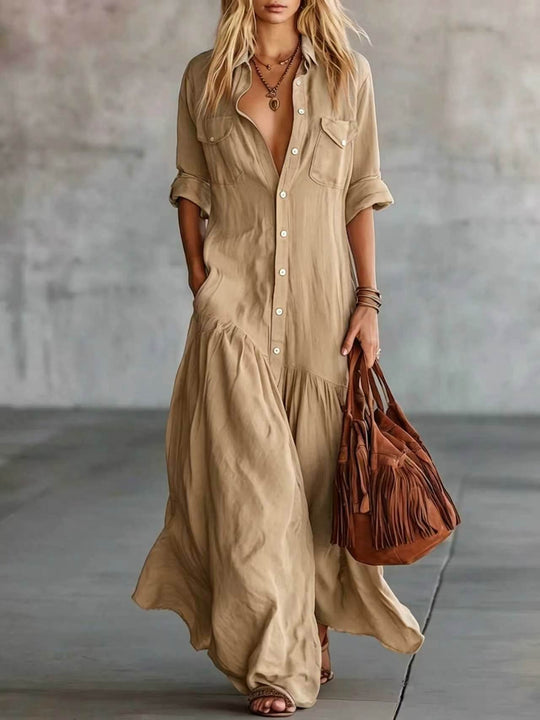 Damen Langes fließendes Hemdblusen-Maxikleid mit Knopfleiste, aufgesetzten Brusttaschen und seitlichen Eingrifftaschen Shop Nory