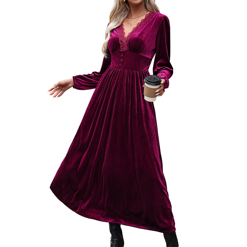 Damen Samt-Maxikleid mit V-Ausschnitt und Empire-Taille Shop Nory