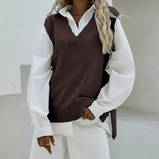 Damen Ärmellose Strickweste mit V-Ausschnitt und seitlichen Schlitzen Shop Nory