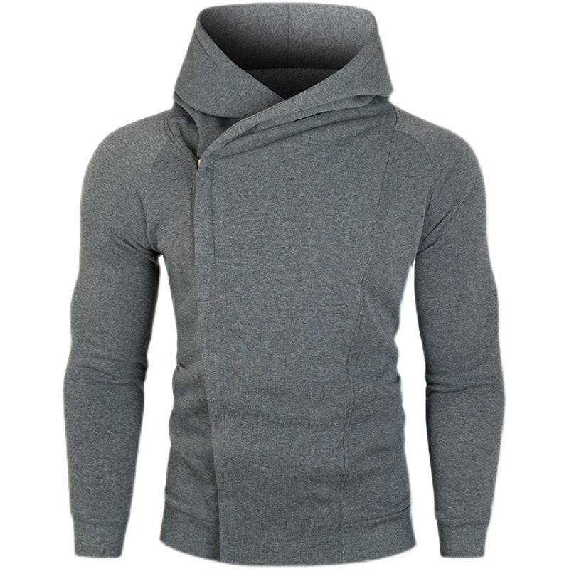 Herren asymmetrischer Kapuzenpullover mit Wickelkragen und verdeckter Knopfleiste, schlanke sportive Passform Shop Nory