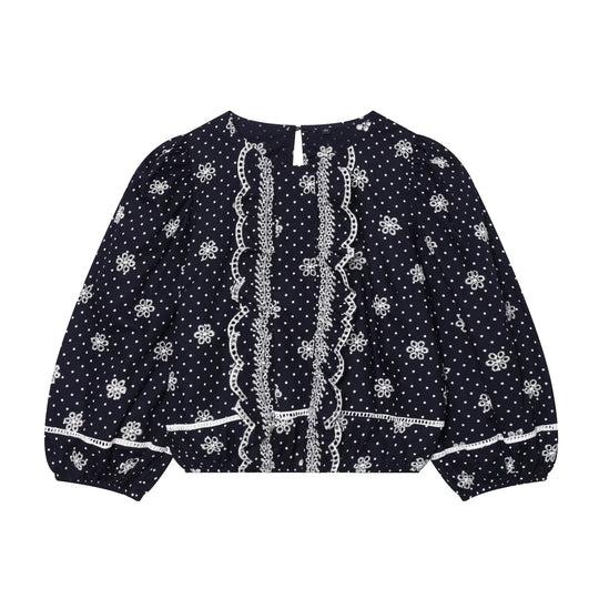 Damen Bestickte Polka-Dot Bluse mit Rüschen und Ballonärmeln Shop Nory