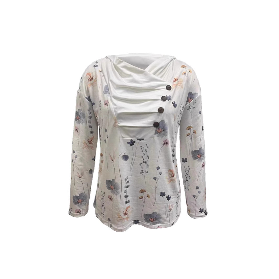 Damen Langärmliges Blumen-Sweatshirt mit asymmetrischem Drapékragen und Zierknopfleiste Shop Nory