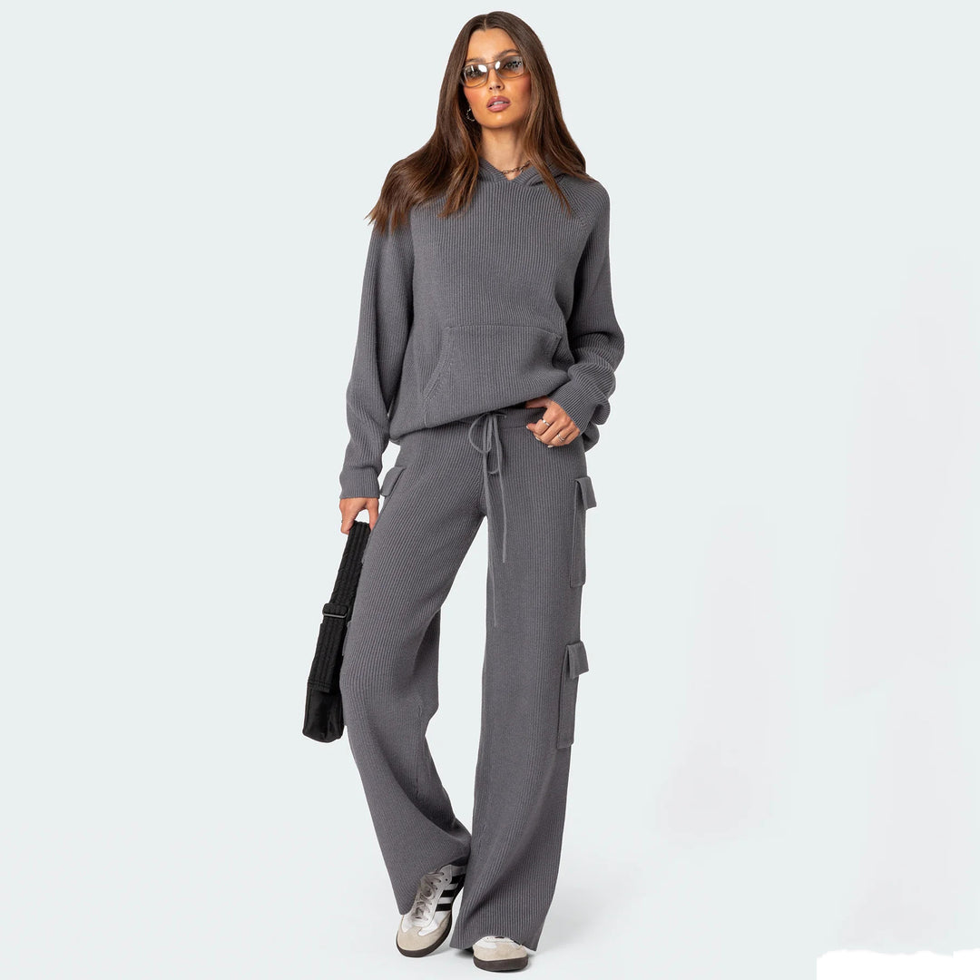 Damen geripptes Strick-Loungewear-Set mit Kapuzenpullover und Cargo-Hose Shop Nory