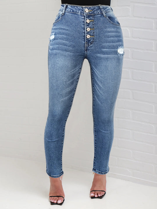 Damen Hochtaillierte Sculpting-Skinny-Jeans mit sichtbarer Knopfleiste und dezentem Destroyed-Detail Shop Nory