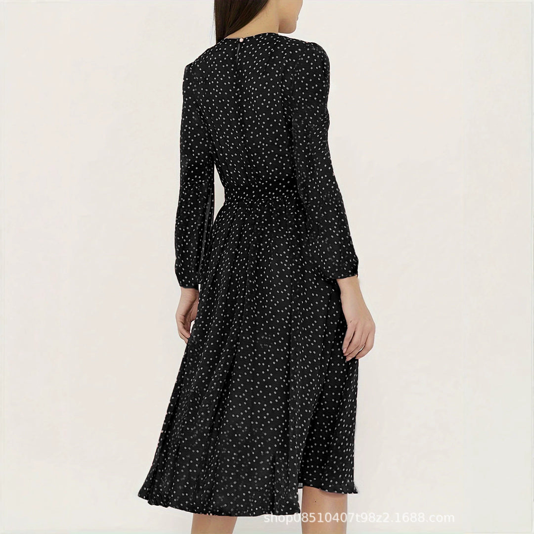 Damen Midikleid mit Punkten, taillierter Bindegürtel und Volantrock Shop Nory
