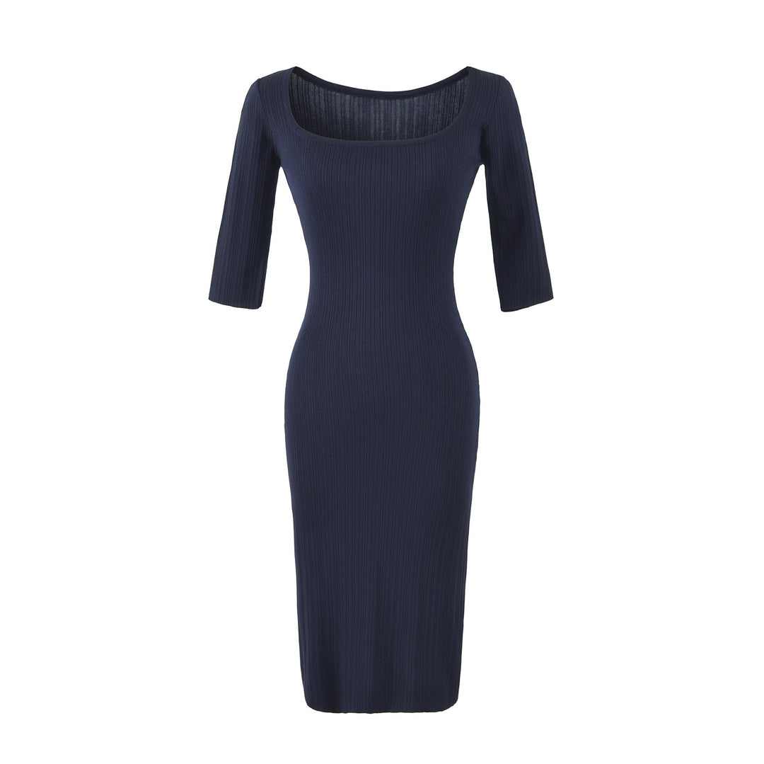 Damen Geripptes Midikleid mit quadratischem Ausschnitt und dreiviertelärmeln Shop Nory
