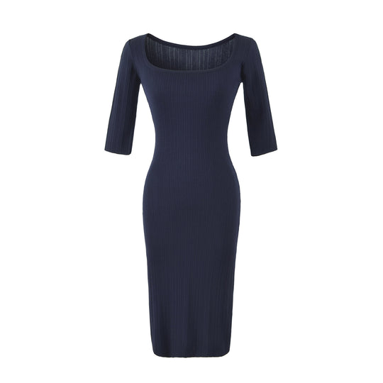 Damen Geripptes Midikleid mit quadratischem Ausschnitt und dreiviertelärmeln Shop Nory