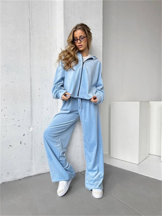 Damen weicher Velours-Trainingsanzug mit Kapuze, Reißverschluss und weitem Bein Shop Nory
