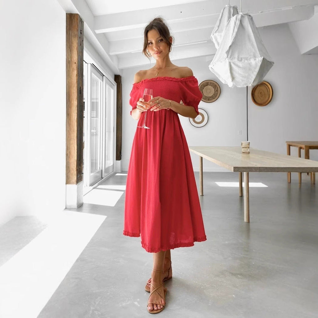 Damen Off-Shoulder Midikleid mit luftiger Silhouette und Rüschendetails Shopnory