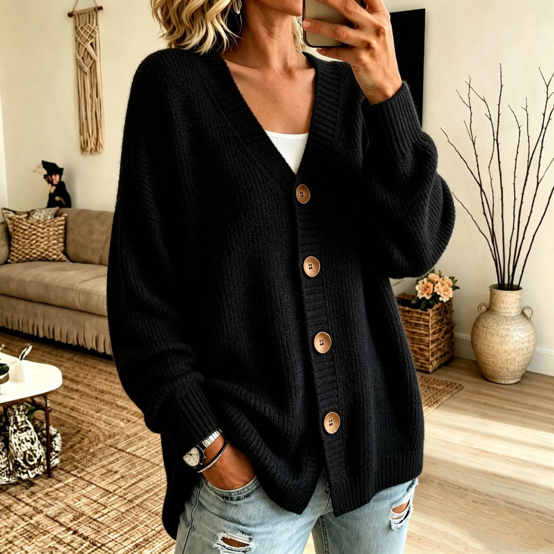 Damen Lockerer Longline-Cardigan mit tiefem V-Ausschnitt und Holzknöpfen Shop Nory