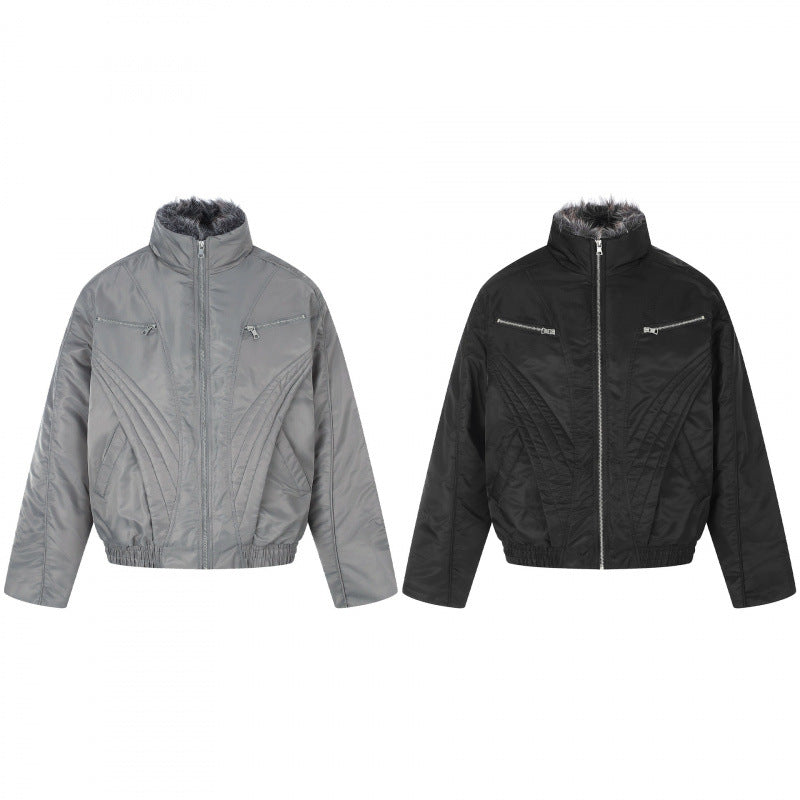 Herren Kurzjacke im Retro-Pufferstil mit hochschließendem Kunstfellkragen und dekorativer Wellensteppung Shop Nory