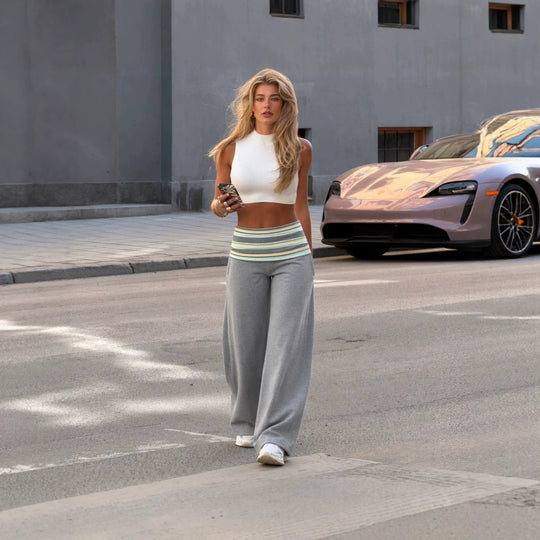 Damen weite hochgeschnittene Lounge-Hose mit gefaltetem Bund und fließender Jersey-Qualität Shop Nory