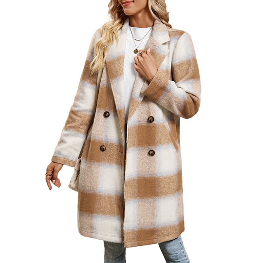 Damen Zweireihiger Wollmix-Mantel mit Oversize-Karos, Reverskragen und Eingrifftaschen Shop Nory