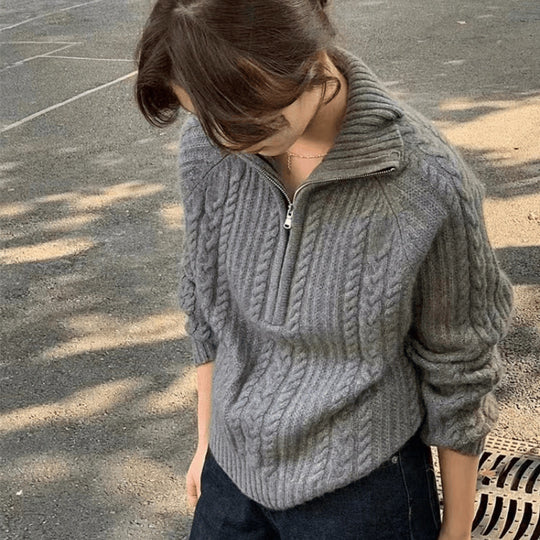 Damen Zopfstrick-Polokragenpullover mit Halbreißverschluss und weichem Mohair-Look Shop Nory