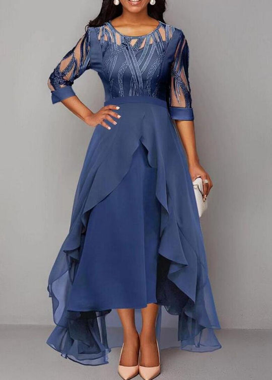 Damen nan edles Chiffon-Abendkleid mit besticktem Tülloberteil, Dreiviertelärmeln und asymmetrischem Stufen-Saum Shopnory