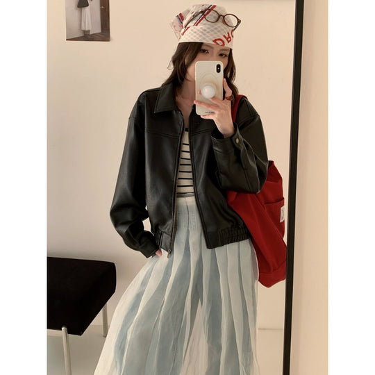 Damen Oversized Kunstleder Bomberjacke mit Reißverschluss Shop Nory
